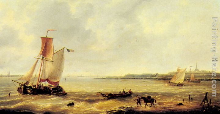 Louis Verboeckhoven Fishing off a Jetty with a Village Beyond